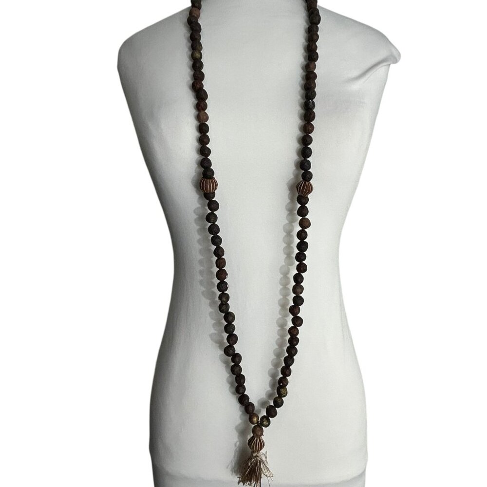 Handcrafted Long Mala Style Necklace Beaded Prayer Tassel Artisan Natural